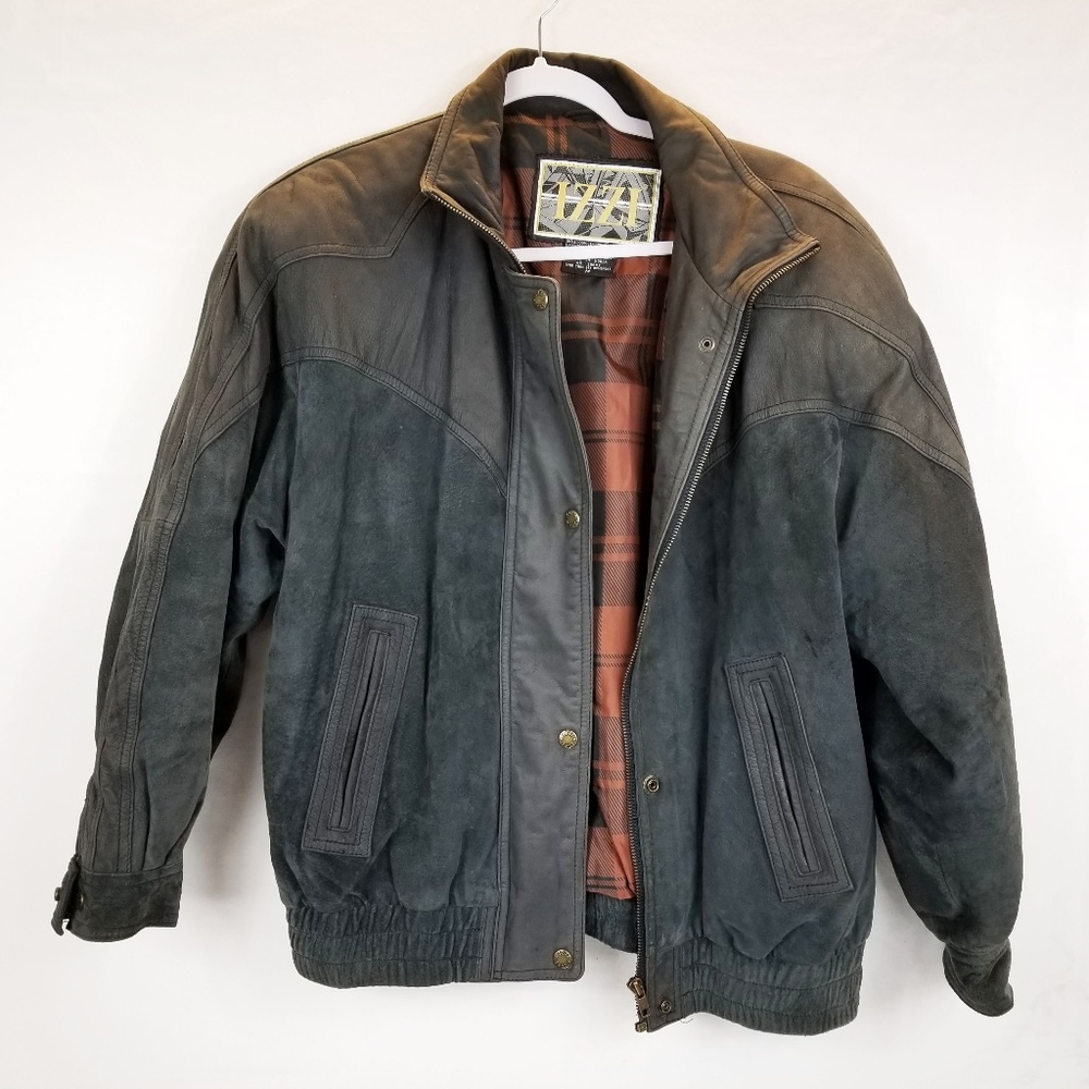 IZZI Mens Dark Gray Suede Leather Bomber Jacket